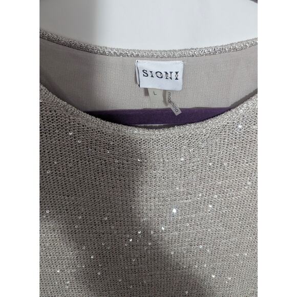 Sioni Gray Beige Sequin Knit Pleated Trim Sweater Size Large - Picture 3 of 5